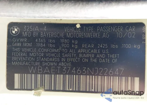 2003 BMW 325I from USA, damaged, VIN WBAET37463NJ22647